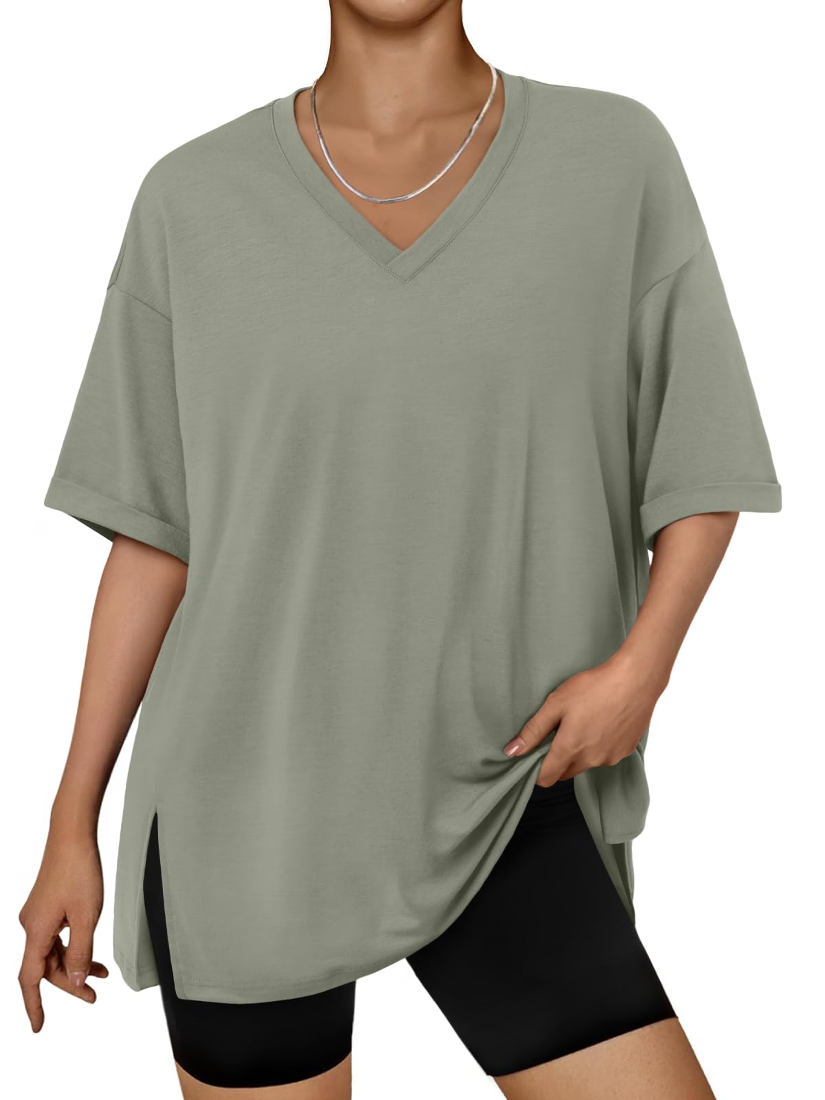 Trendy Queen Plus Size Oversized V-Neck Tshirt Breathable Elastic Fabric Tunic for Workout Gym Casual Homing Wear