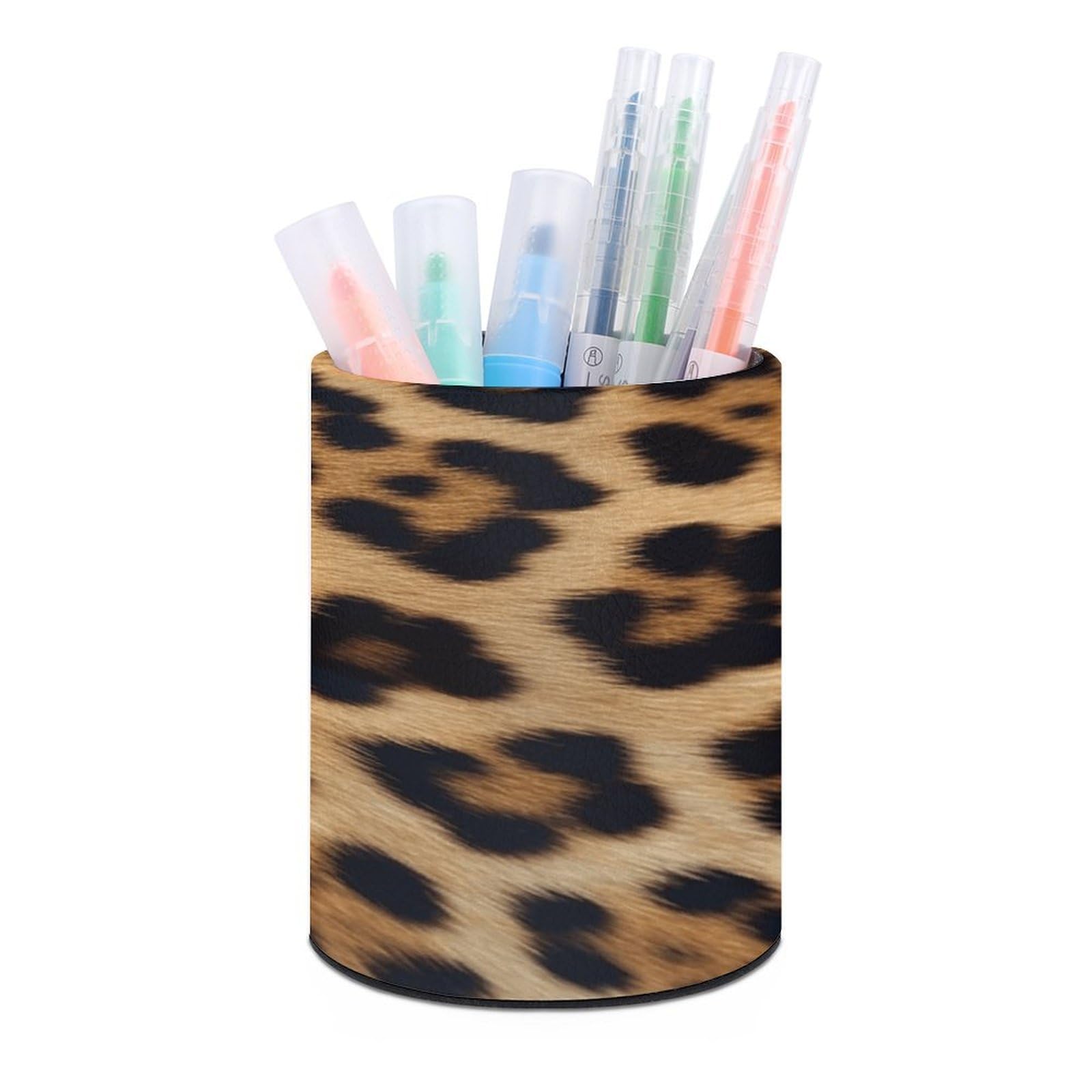 VstaDank Rough Leopard Print Pen Holder PU Leather Pencil Cup Minimalist Desk Pencil Holder Round Make Up Brush Organizers For Office Dorm Room&Vanity Desk Accessories
