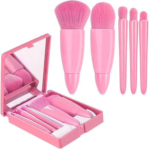 Kit Pincéis de Maquiagem com Estojo e Espelho Portátil – 5 Pincéis para Base, Pó e Sombra, Compacto para Viagem (Rosa)