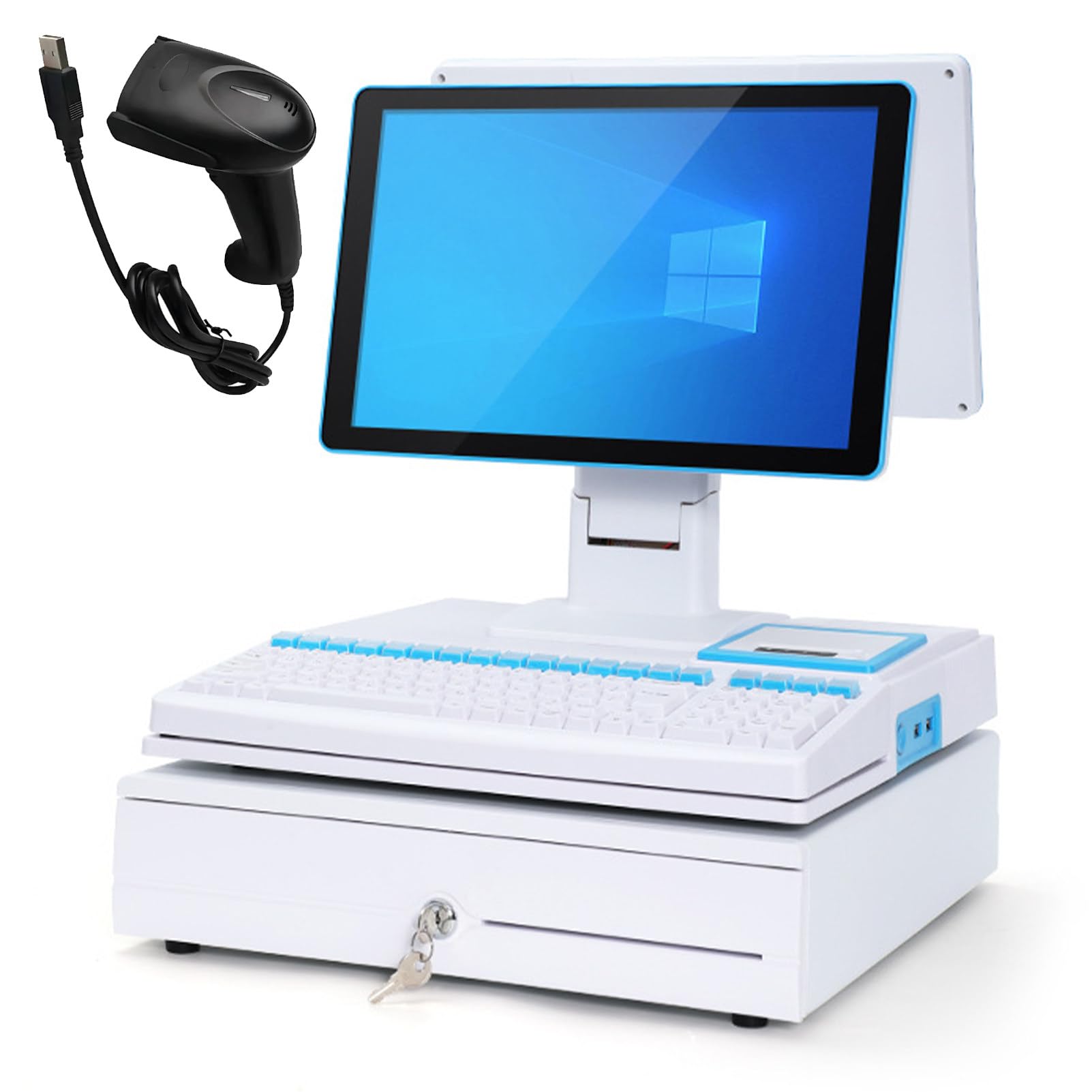 PweKzxt All-in-one Cash Register for Restaurants & Retail, Single/Dual Screen, with Barcode Scanner, Printer, Cash Drawer, for Retail Restaurant Supermarket White-DualDisplay