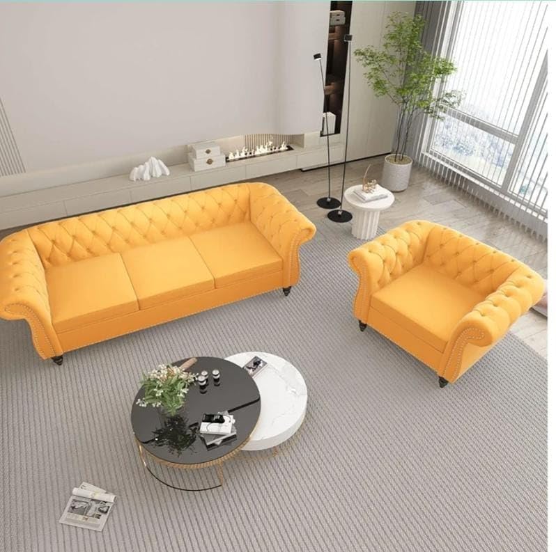 Image of Royale Hand Tufted Four (3+1) Seater Elegant Wooden Base Sofa in Wide Extravagant Fabric, Gives Luxurious Look for Home /Living Room /Office /Guest Room /Hotels
