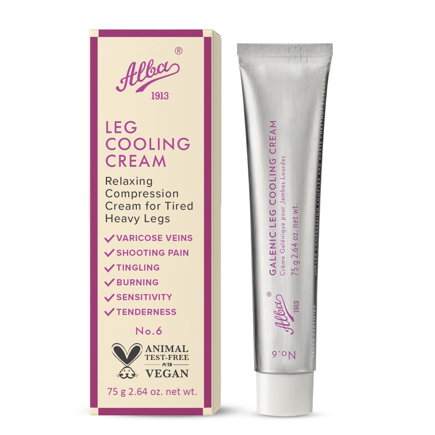 Alba Alba1913 Vegan Leg Cooling Cream - Cooling Relief for Tired, Heavy Legs, Reduces Fatigue & Heaviness, Stimulates Circulation, Deep Moisturizing & Softening, Refreshing Formula, Easy to Use - 75g