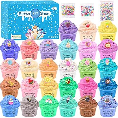 Fluffy Butter Slime Kit 27 Pack, with Candy, Ice cream, Fruit Etc, Cute Slime Fun Charms Scented Slime for Kids Party Favor, Stress Relief Toy for Girls and Boys, DIY Slime Soft and Stretch Cover