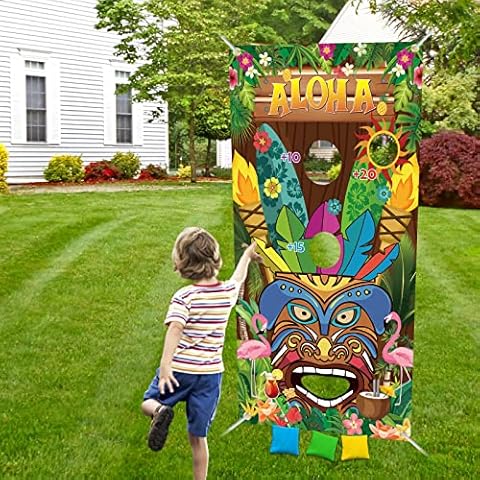 WEALLIN Hawaiian Tiki Bean Bags for Children Throwing, Hawaii Bean Bag Toss Game Banner with 3Pcs Bean Bags for Tossing, Bean Bags Kids Throwing for Outdoor Indoor Hawaiian Party Decorations Cover