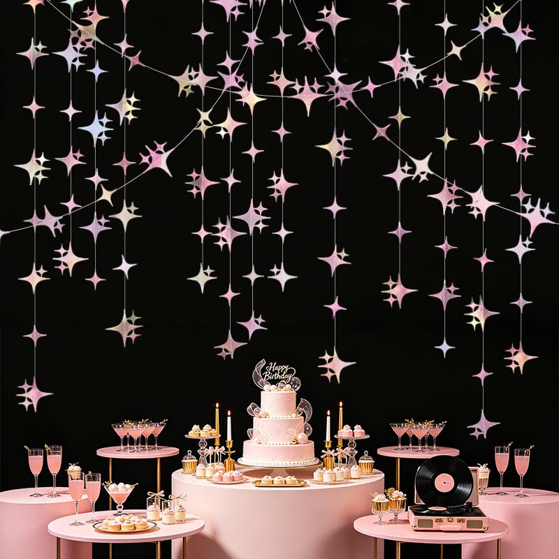 Image of Glitter Iridescent Pink Four-Angle Star Paper Garland Banner 40 Feet Iridescent Pink Twinkle Star Hanging Bunting Banner Backdrop for Wedding Baby Shower Birthday Graduation Disco Party Decorations