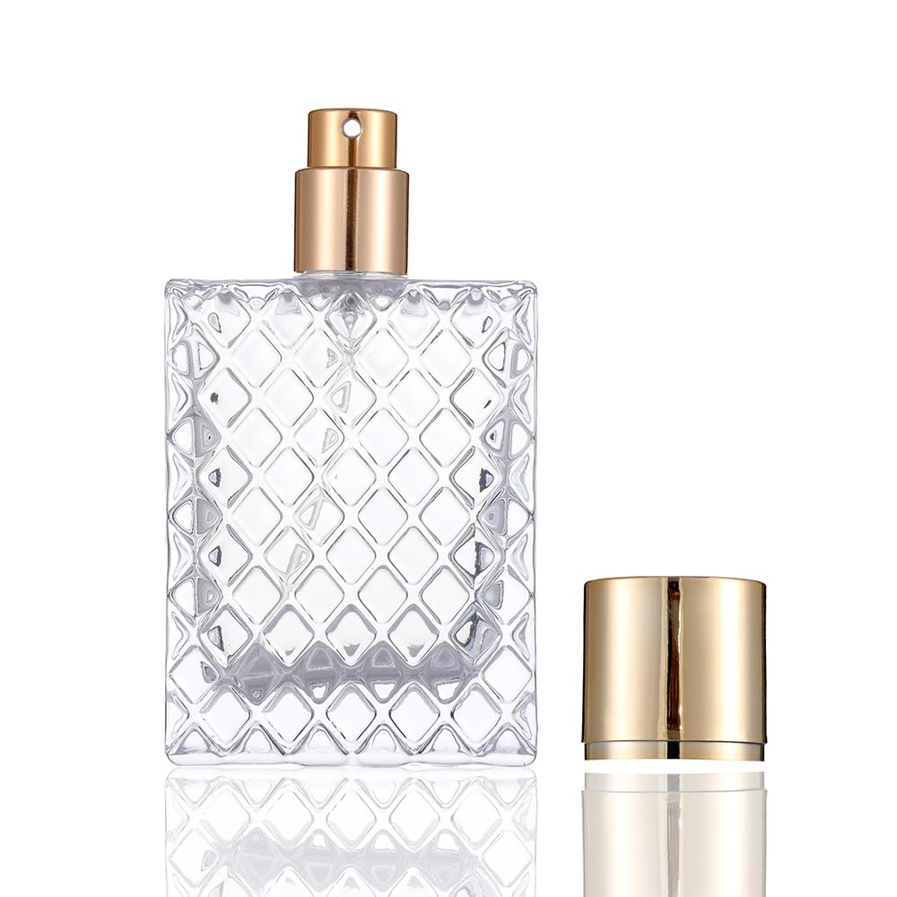 Enslz 50ML /1.7OZ Transparent Atomizer Spray Refillable Perfume Bottle, Portable Square Dispenser Empty Glass Bottle (Gold)