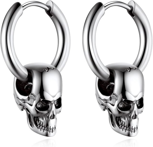 Bandmax Skull Earrings for Men Women Stainless Steel Skeleton Skull Head Hoop Earrings Stud Earrings Punk Gothic Earrings Halloween Jewelry