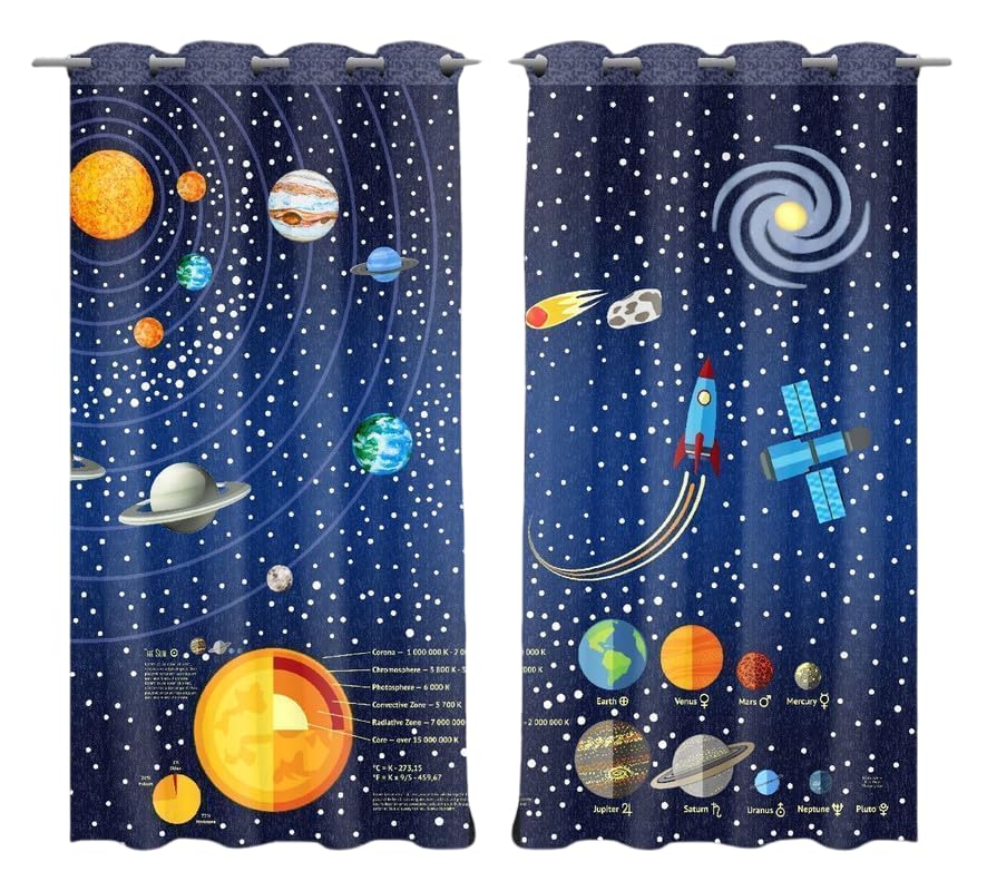 Image of 3D Cartoon Printed Space Theme Curtains for Play School, Kids Room Curtain 8 feet Long Set of 2 pcs School 4x8 ft Curtain for Kids Room Window Curtain