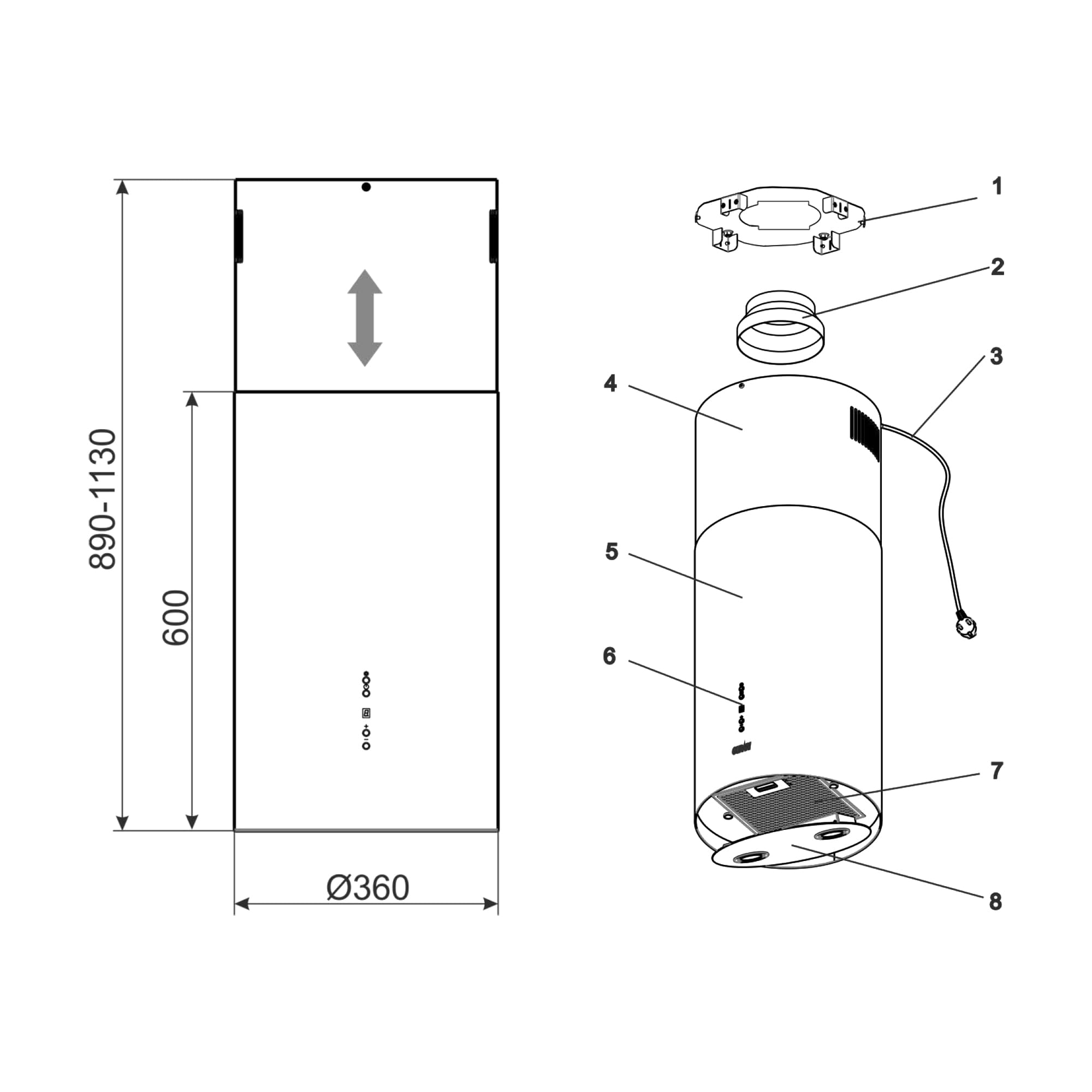 GURARI Cappa aspirante a isola GCH I 385 36 WH Prime, 36 cm, bianca, cappa da soffitto, 1000 m³/h, 4 livelli, display, illuminazione a LED, aspirazione del bordo