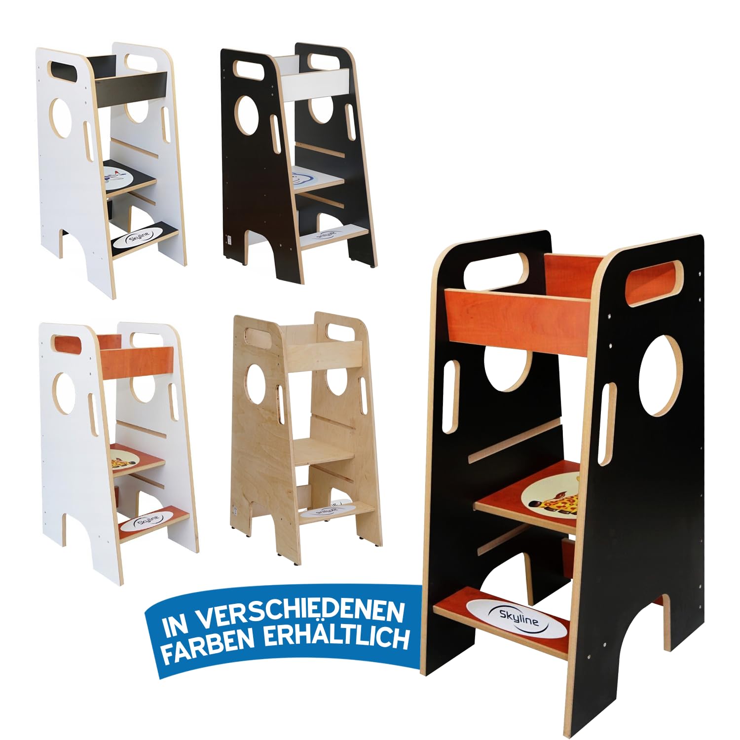 Skyline Lernturm aus Holz Für Kinder Baby I Lernstuhl Montessori I Küchenhelfer mit Verstellbarer Höhe und Sicherheitsschiene I Learning Tower für Mädchen & Jungen (Modellnummer 2)