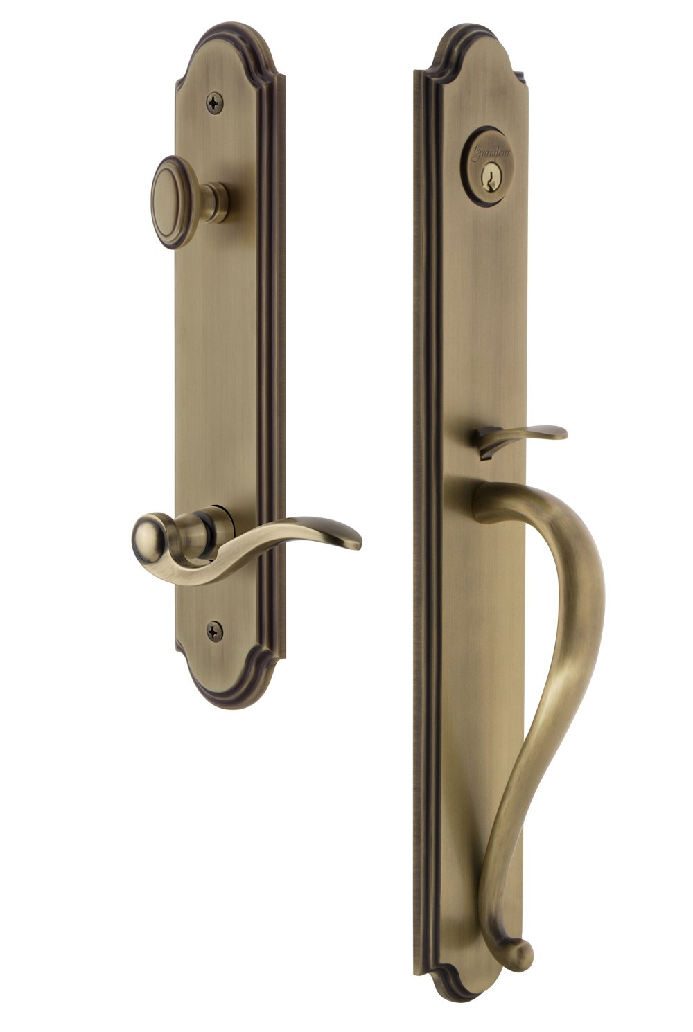 Grandeur846766 Hardware Arc One-Piece Handleset with S Grip and Bellagio Lever Size, Single Cylinder Lock-2.75" Backset, Vintage Brass