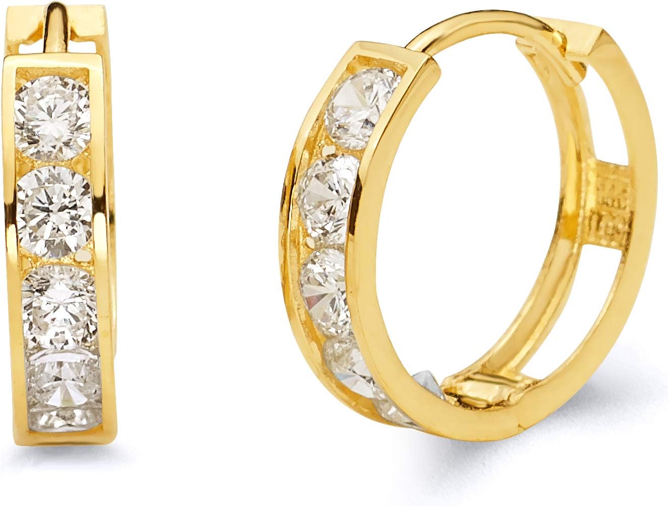 14k REAL Yellow OR White Gold 4mm Thickness CZ Channel Set Hoop Huggie Earrings (15 x 15 mm)