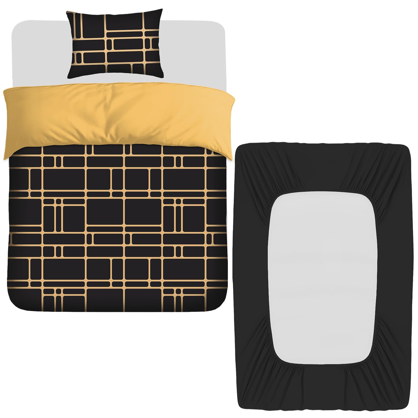 Pamposh 3 Pcs Single Duvet Cover Set with Matching Black Single Fitted Sheet 40 cm Extra Deep Pocket - UltraSoft Breathable Premium Microfibre Reversible Quilt Cover Bedding Set For All Seasons - 1