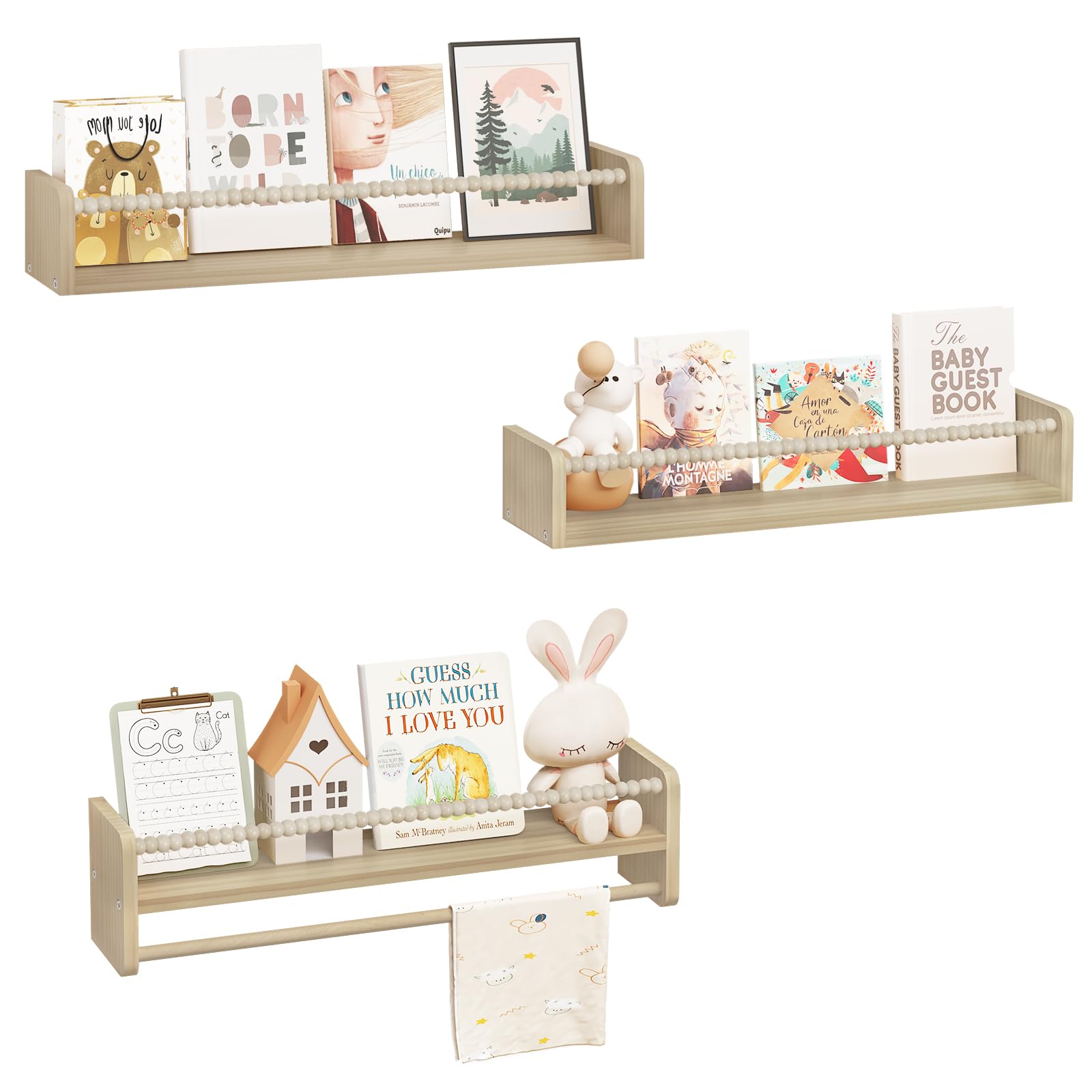 WOLTU Juego de 3 Estantes Madera de Pared para Niños, 60cm Librería Infantil para Niños, Estante Flotante de Madera Maciza, Balda de Pared para Libros y Juguetes en Habitación Infantil y Guardería