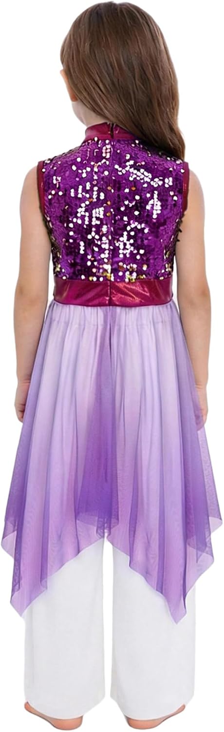 Jugaoge Girls Sequin Gradient Liturgical Worship Dance Dress Set Sleeveless Mock Neck Tunic with Wide Leg Pants Choir Outfit