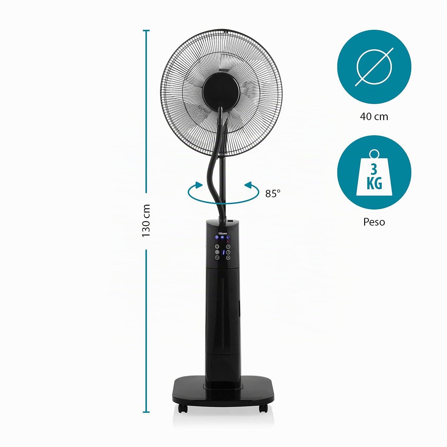 Tristar VE-5884 Ventilador nebulizador, 40 cm de diámetro, temporizador 1-9 h, oscilante 85°, 3 ajustes de velocidad, Ángulo ajustable 25°, tanque de agua de 2 L, mando a distancia, 70 W