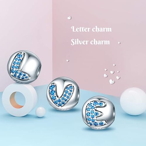 Miniatura 6 de Forever Queen. Abalorios para joyería de letras del alfabeto inglés con iniciales de la A a la Z en plata de ley 925 con circonita azul 5A,
