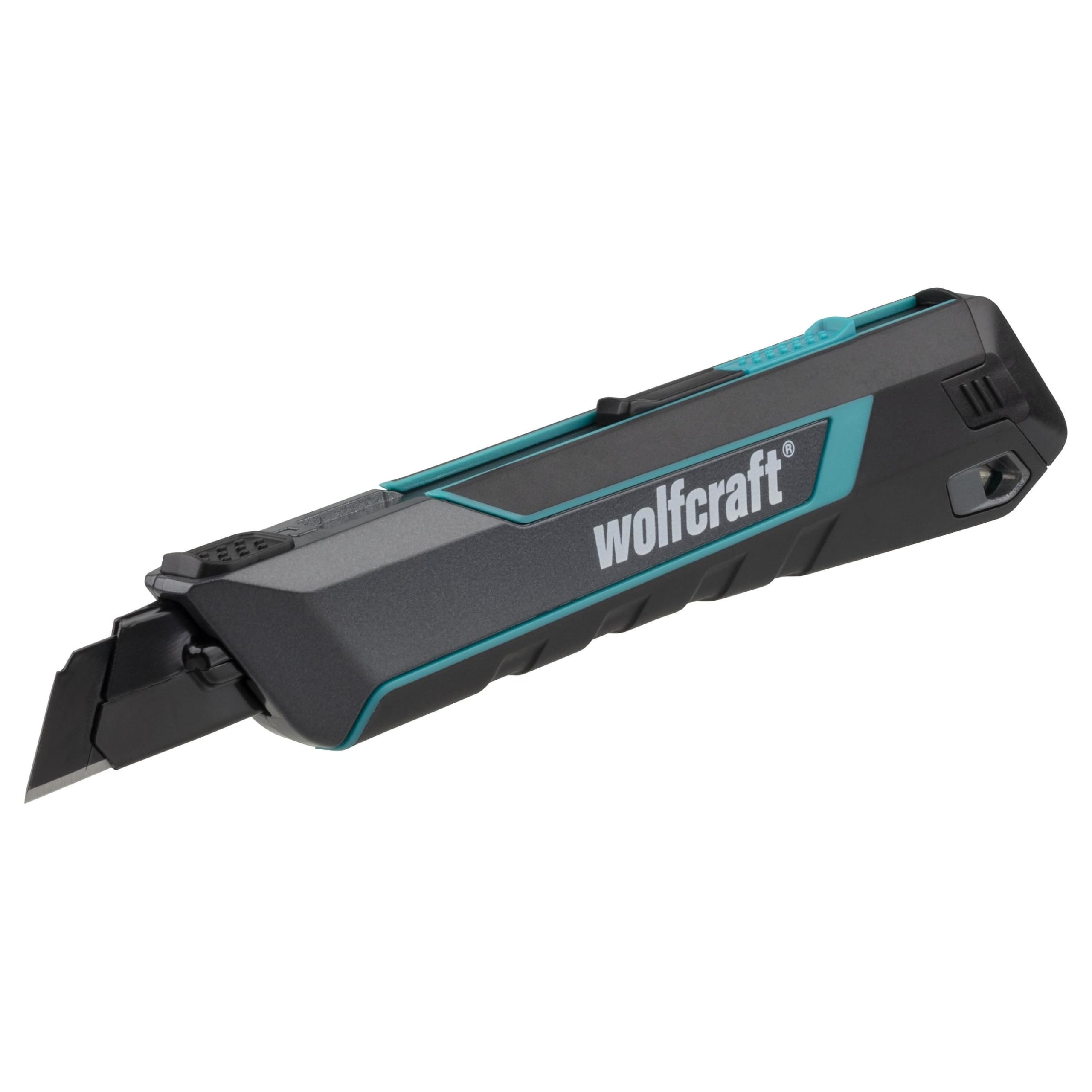 wolfcraft Cúter de cuchillas separables PRO SAFETY, 18 mm - 4290000 - Cúter profesional con afilado extra y ergonomía óptima para zurdos y diestros I Autobloqueo y retracción automática de cuchilla