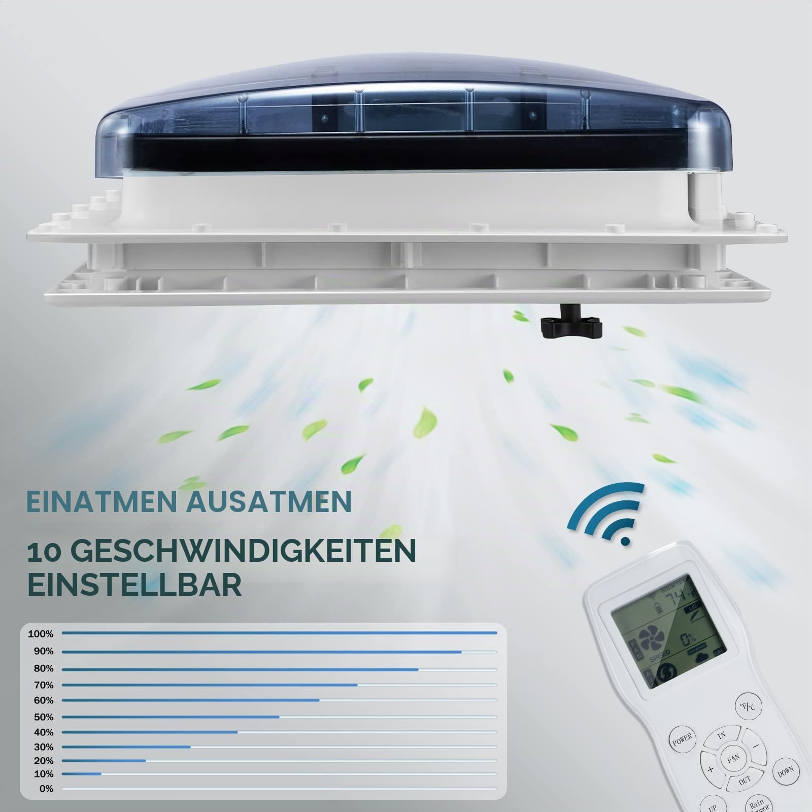 Brolteja Dachventilator für Wohnwagen, 12 V, mit Regensensor, Dachlüftung für Wohnmobile, Öffnungsgröße 40 x 40 cm, Remote-Geschwindigkeiten, reversibel