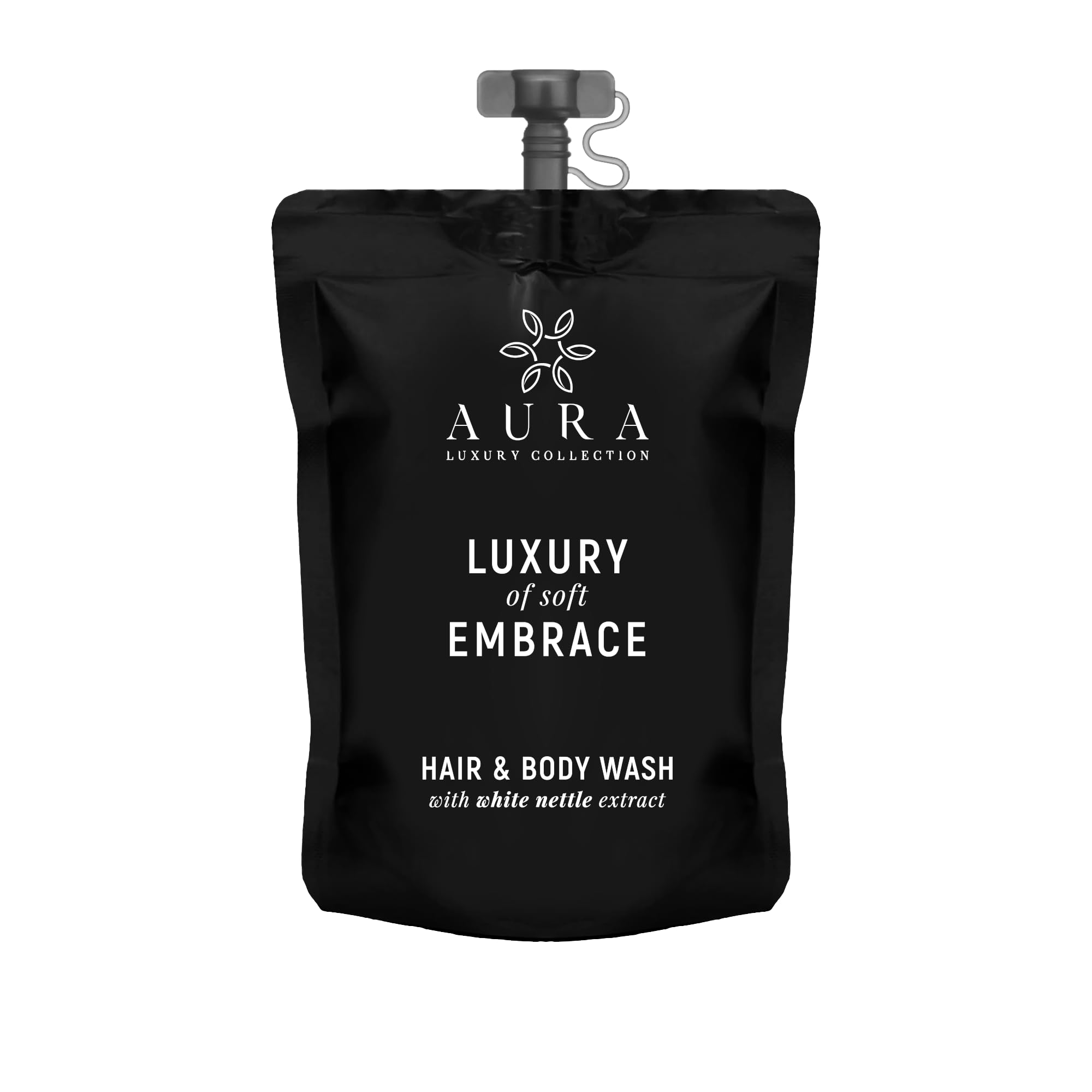 Aura Luxury Collection Black Edition Zestaw 100 saszetek ze stojakiem na prysznic 30 ml z korkiem z organicznymi ekstraktami z białej pokrzywy - zestaw kosmetyków do kąpieli hotelowej i B & B