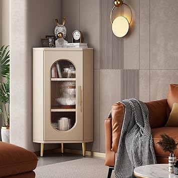 Corner Storage Cabinet 4 Tier Corner Coffee Bar with Glass Door Alloy Handle Desktop slates Corner Storage Organizer Shelf33.5in, Beige