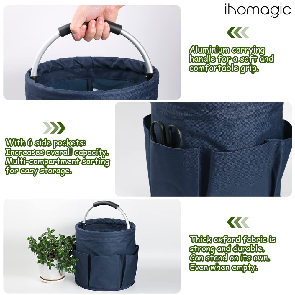 17L Sac Pliable à Outils de Seau avec Plusieurs Poches, Sac Rond à Outils de Jardinage, Panier Multifonctionnel avec Poignée, Corbeille de Rangement pour Les Outils, Les Jouets (Bleu Marine)