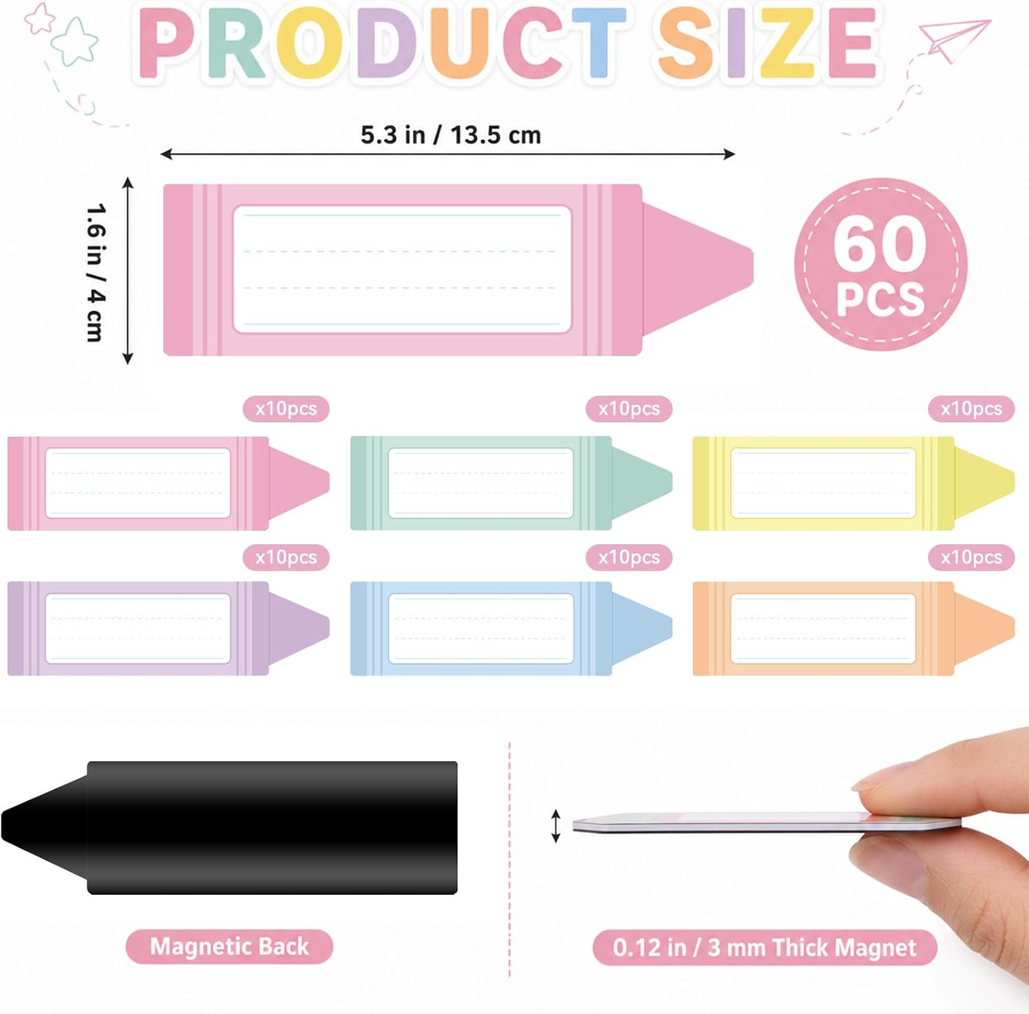 60Pcs Pastel Crayon Magnetic Name Tags Crayon Shaped Reusable Dry Erase Labels Thickened Magnetic Back Name Plate Stickers for Back to School Classroom Desks Whiteboard Locker Home Office Supplies image 2