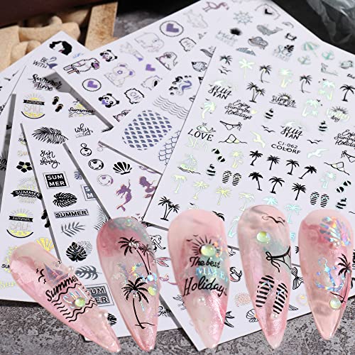 9 Sheets Summer Nail Art Stickers Laser Bronzing Nail Decals Design 3D Self-Adhesive Art Supplies Ocean Animals Flower Leaves Mermaid Beach Nail Stickers Accessories For Women Diy Manicure Decorations #TOP3