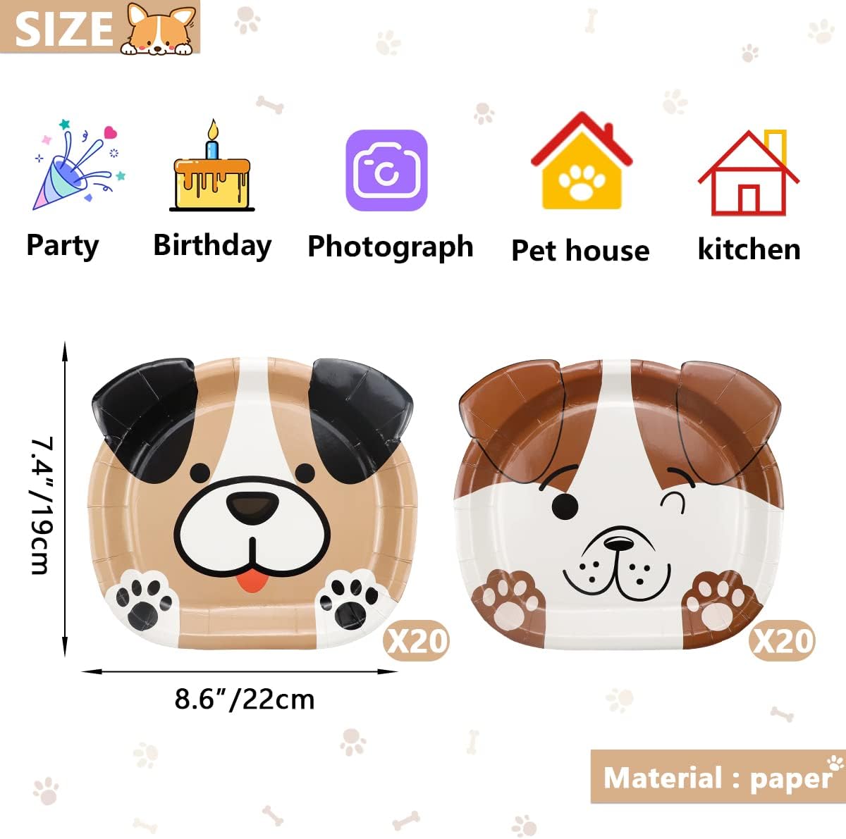 Dog Shaped Dinner Plates for Birthday, Baby Shower, Puppy Theme Party Supplies - Disposable Tableware (40ct) - Image 2