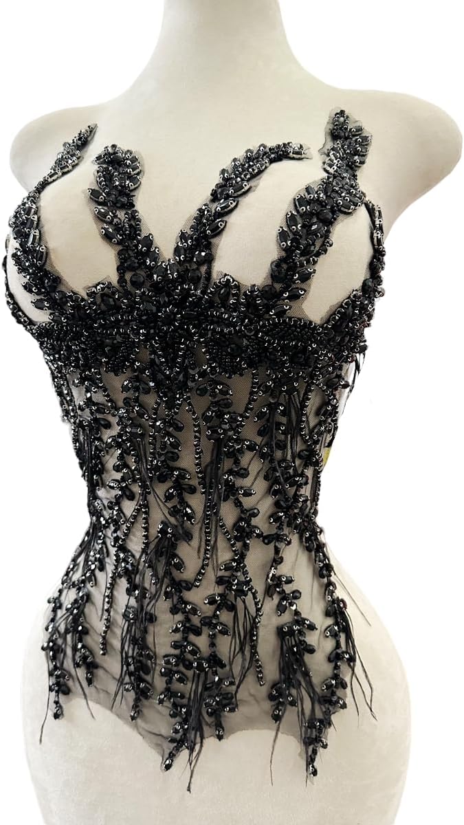 Handmade Sewing Rhinestones lace Crystal DIY Applique Patches Ostrich Feather Beaded for Wedding Party Clothes Decoration Bridal Dress Accessories 13X25inches (Black)