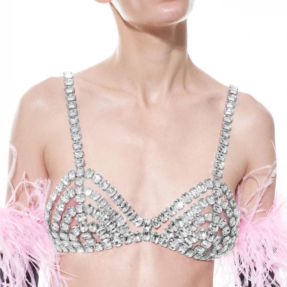 STONEFANS Sexy Sparkly Rhinestone Bra for Women Summer Bikini Party Crystal Body Jewelry Costume Chest Chain
