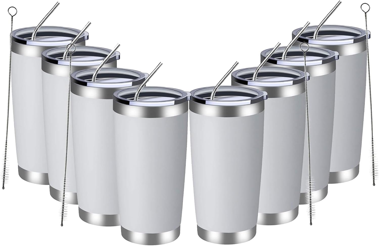 MEWAY 20oz Tumbler 8 Pack Double Wall Vacuum Insulated Travel Mug Bulk, Stainless Steel Tumblers with Lid and Straw, Durable Powder Coated Coffee Cups for Cold & Hot Drinks (White, 8)