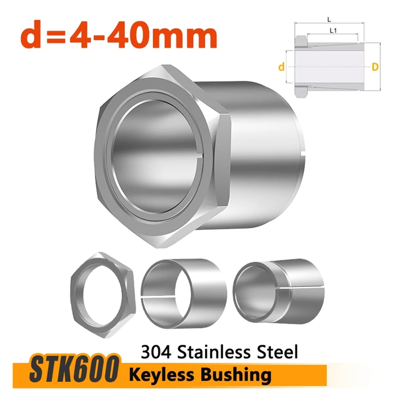 STK600 SS304 Raccord à douille sans clavette, ensemble de verrouillage d'arbre de tension, manchon d'expansion, diamètre intérieur 4-40 mm(STK600-15.88x23x28mm)