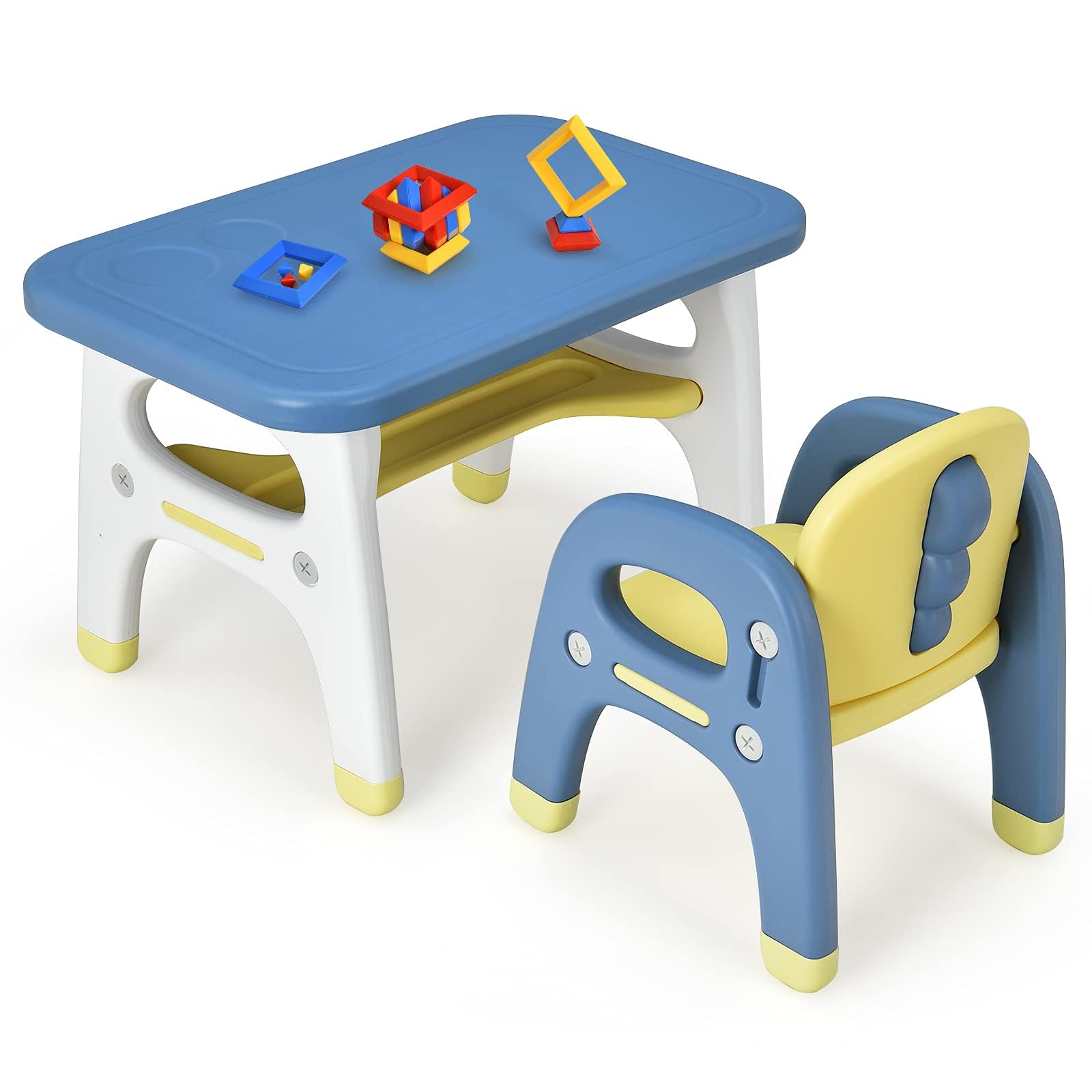 RELAX4LIFE Set Tavolo e Sedia per Bambini, Sedia a Forma di Dinosauro, Inclusi 3 Set di Costruzioni, Carico 30 kg (Blu)