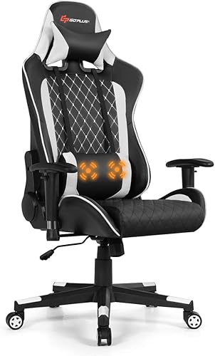 Miniatura 9 de Goplus Silla de juegos de masaje, respaldo reclinable, pasamanos y ajuste de altura del asiento, silla de oficina para computadora de carreras,