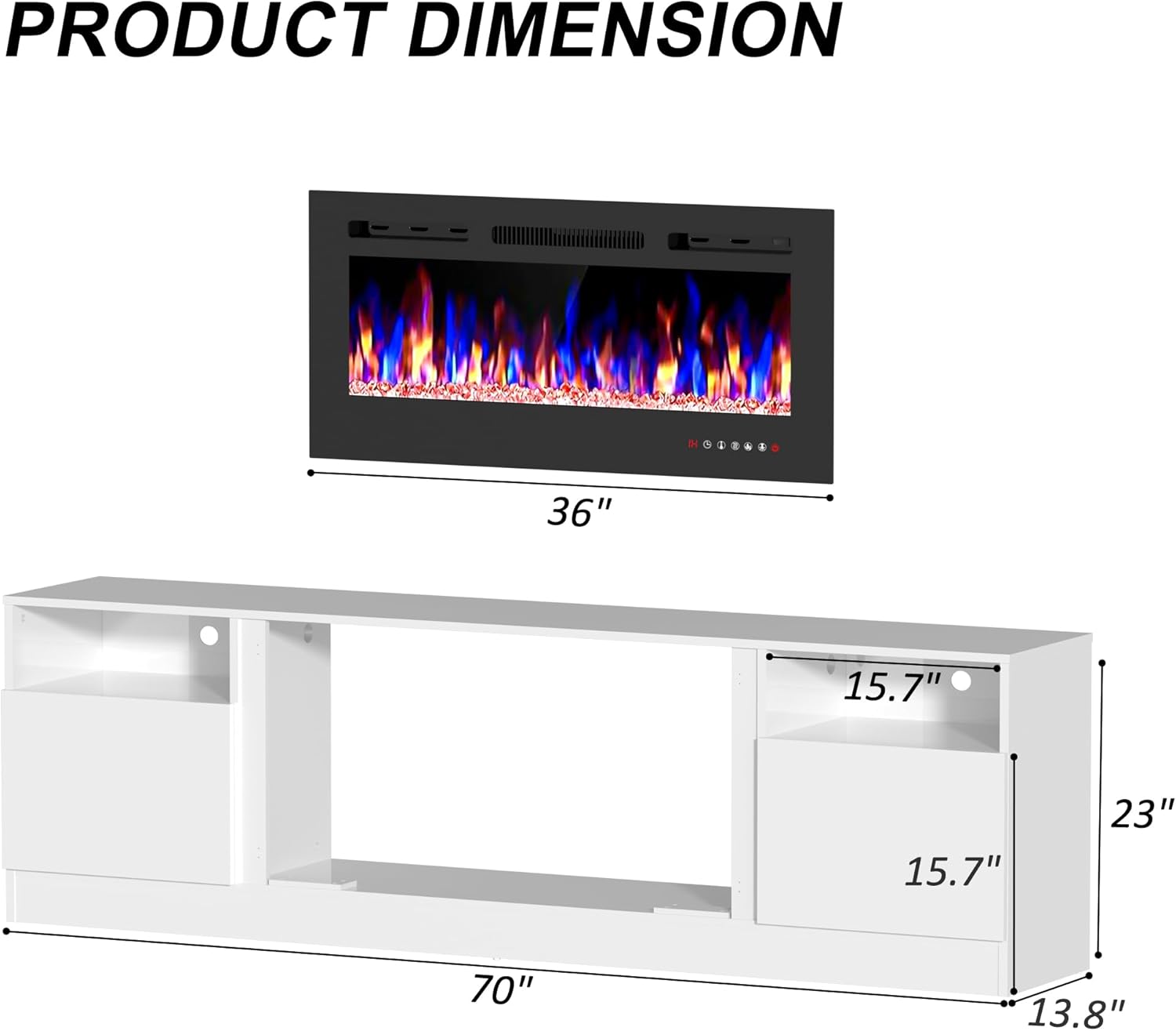 Fireplace TV Stand for 80 Inch TV, TV Stand with 36" Fireplace, LED Light Entertainment Center with Storage Cabinets, Media TV Console Table for Living Room, White