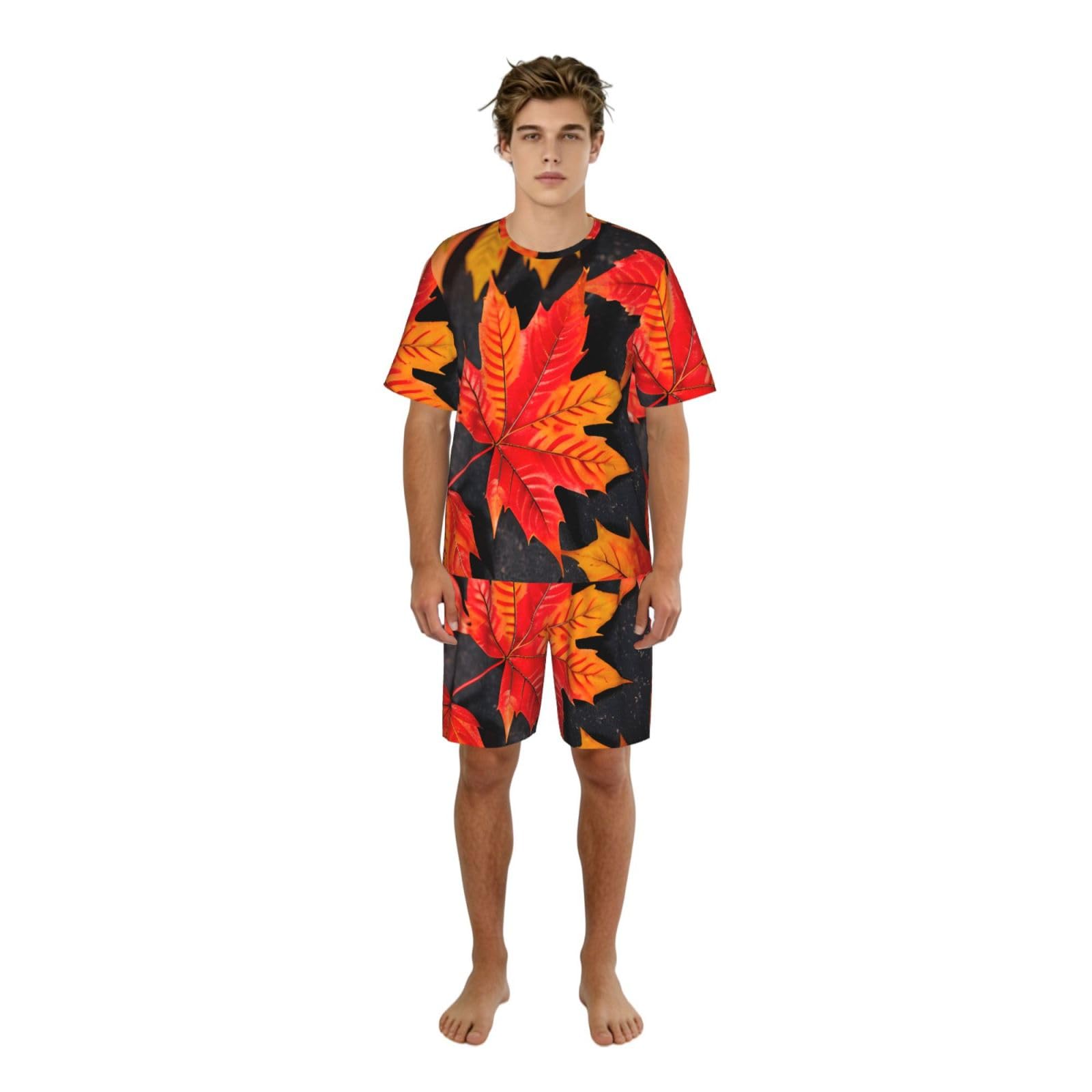 Conjunto de pijama clásico con estampado de hojas rojas para hombre, pantalones cortos de pijama suaves para hombre, perfecto para las noches de verano