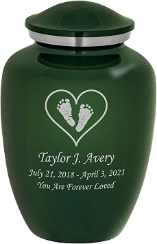 Homage Medium Custom Engraved Footprints in Heart Themed Cremation Urn for Infant Ashes - Vase Style Cremation Urn - 80 Cubic Inch Capacity - Personalization Included Emerald Green