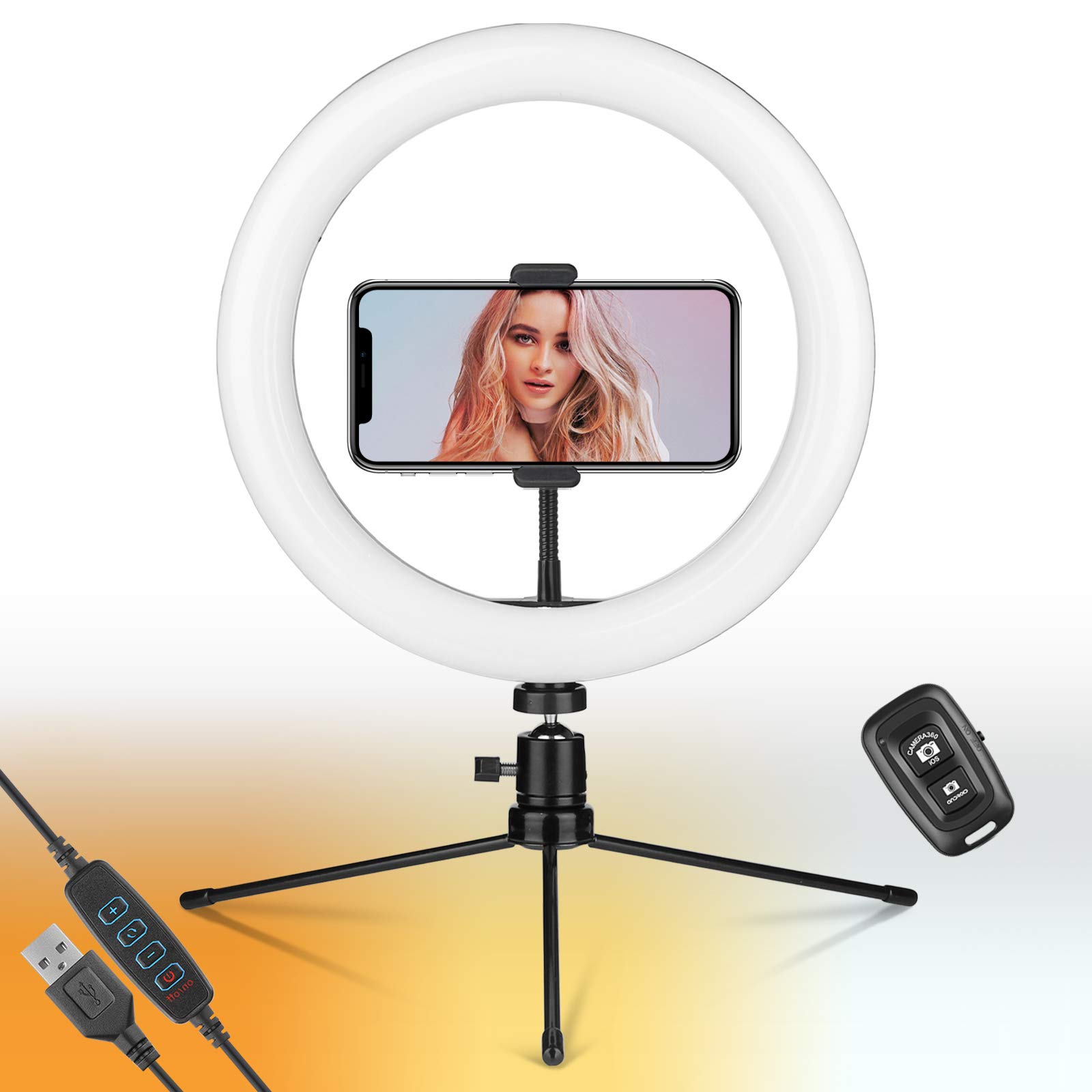 GEMWONRing Light 10 inch, LED Selfie Ringlight with Tripod Stand and Phone Holder, Dimmable Desk Circle Light for Makeup, Video, Camera, Laptop, Photography, Streaming, Tiktok