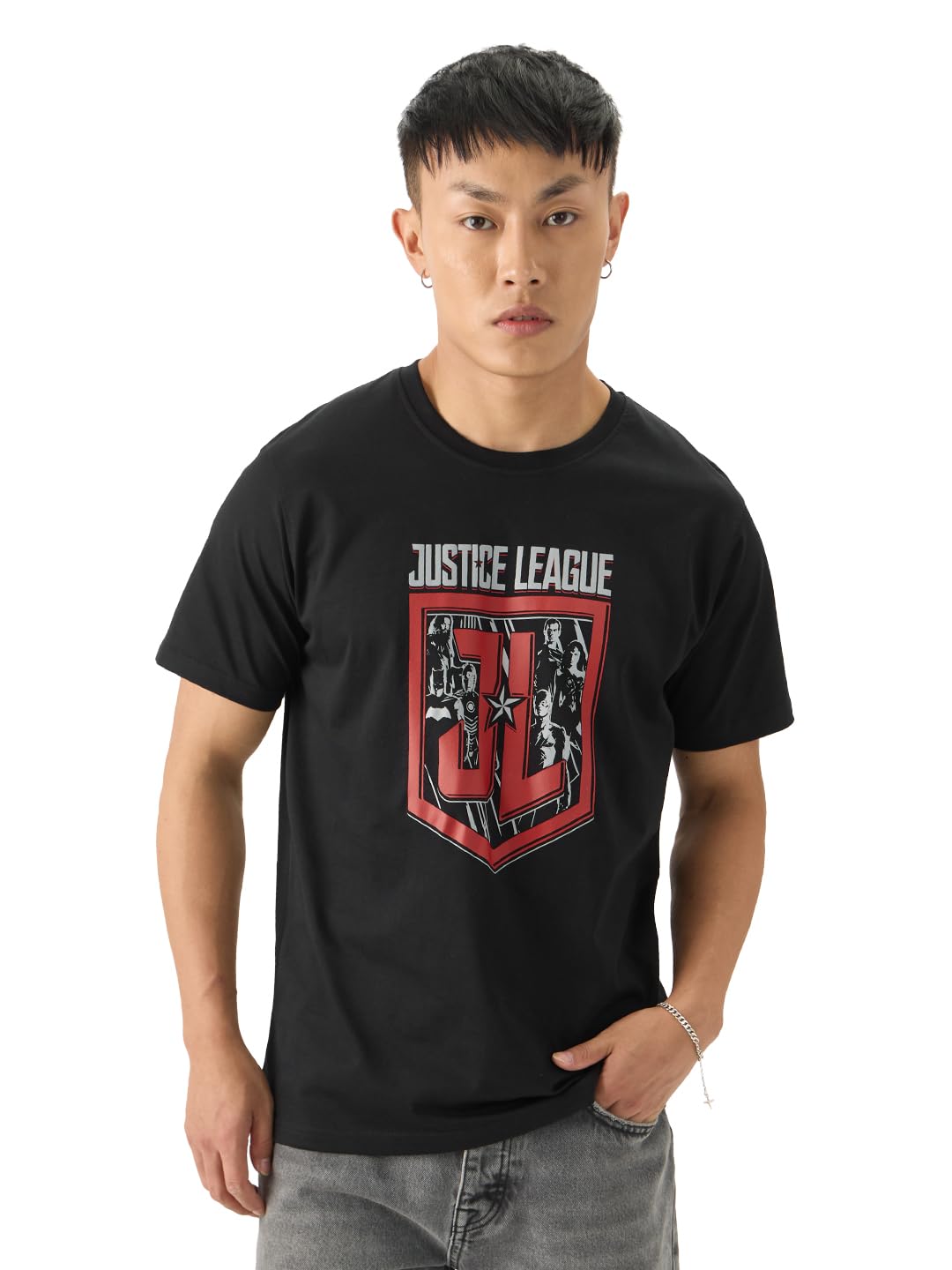 The Souled Store Official Justice League: Classic Logo Men and Boys Short Sleeve Round Neck Black Graphic Printed Relaxed Fit T-Shirts