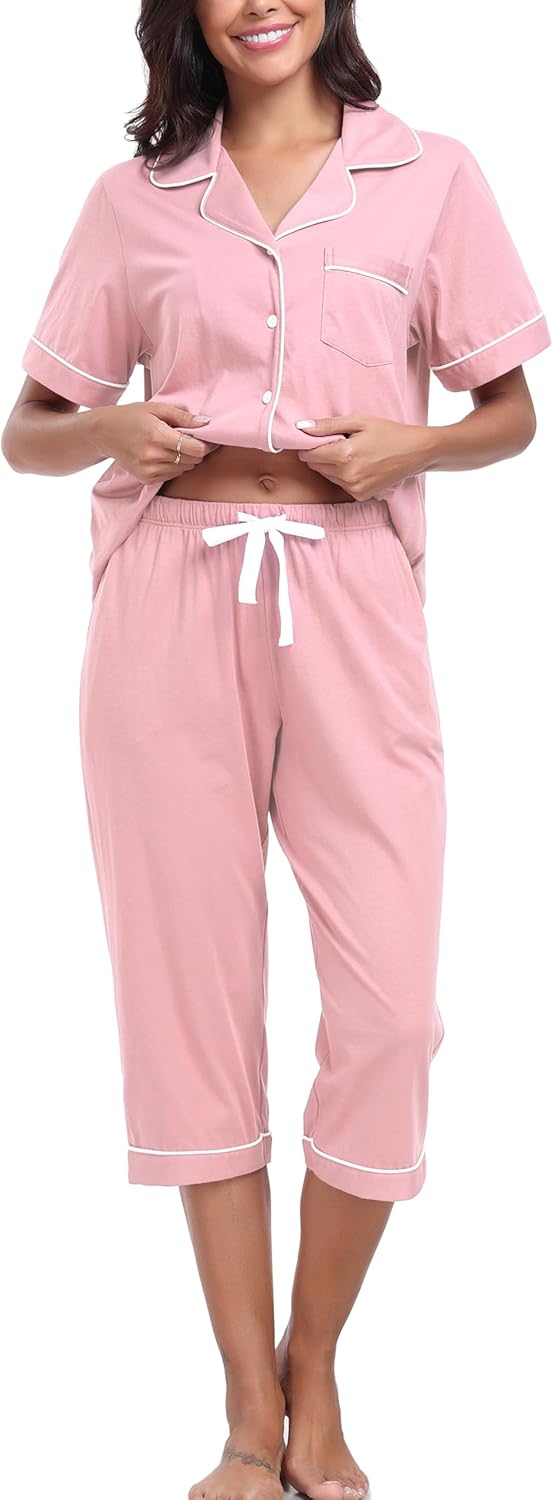 EA'S SECRET 100% Cotton Pajamas for Women Set Short Sleeve Button Down Sleepwear Capri Nightwear Pjs Loungewear