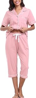 100% Cotton Pajamas for Women Set Short Sleeve Button Down Sleepwear Capri Nightwear Pjs Loungewear