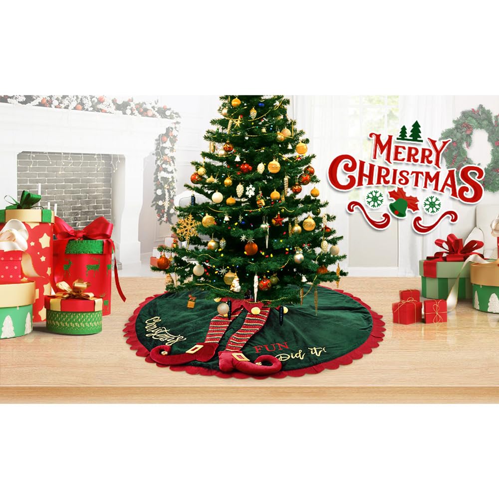 Gonna per albero di Natale, 124,5 cm, verde e rosso, copertura in velluto per albero di Natale con gambe di elfo, decorazione per interni ed esterni