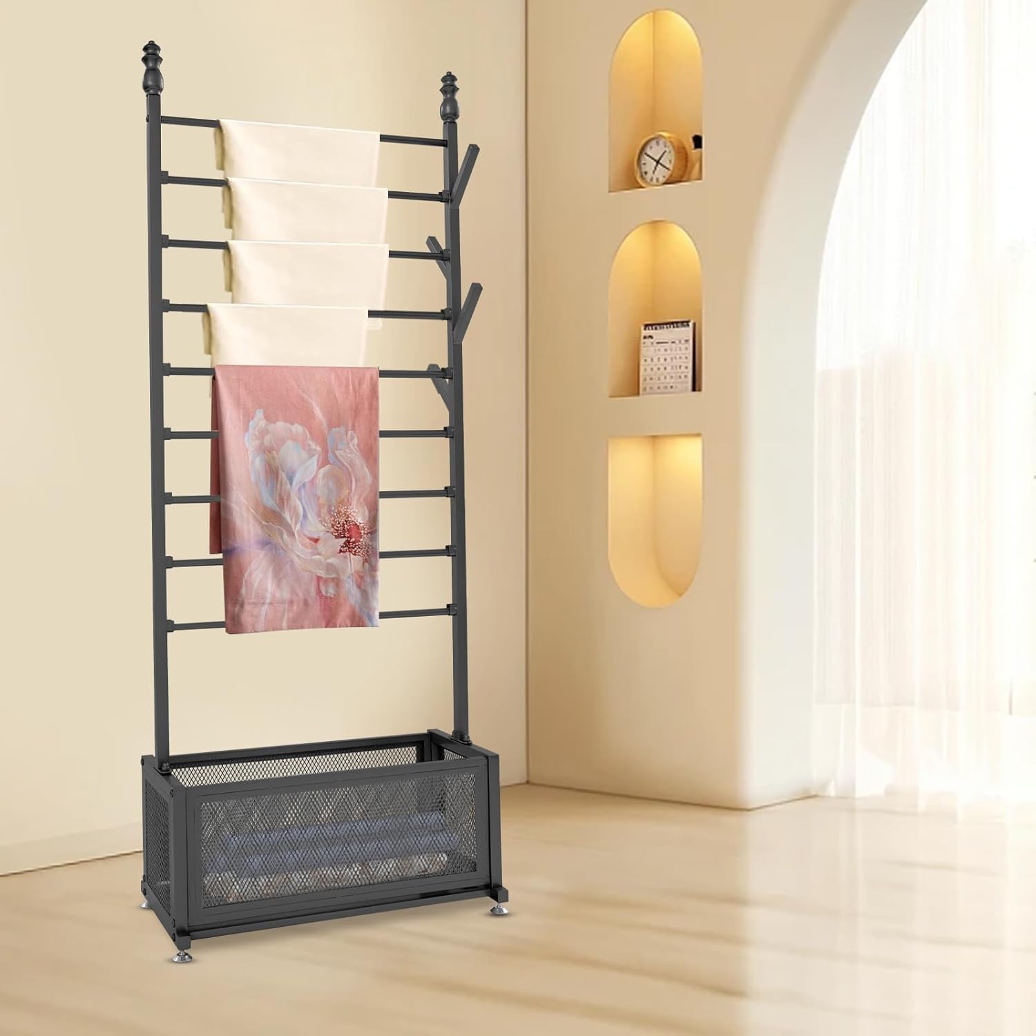 ribbon rack,ribbon holder organizer rack, 9 Tiers Floor Rolling Ribbon Organizer Wrapping Paper Tie & Scarf Rack With Storage Basket,(Black)