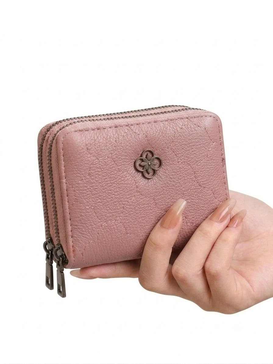 Stylish Double Zipper Mini Wallet for Women Girls Card Holder Coin Pouch Compact Cash Organizer Zip Around Small Hand Wallet Ladies Travel Purse (Peach)-image-12