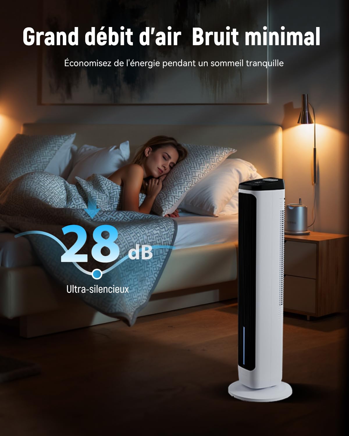 Ventilateur Colonne avec Refroidissement par eau, packs de glace, minuterie 12-H, 4 modes, 3 Vitesses, Oscillation à 80°, Refroidisseur d'air par Évaporation Portable avec télécommande, pour chambre à