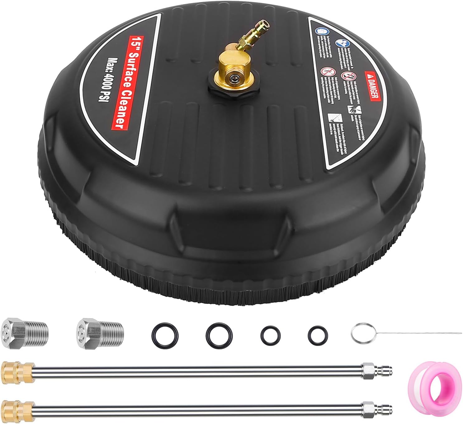 15" Pressure Washer Surface Cleaner with 1/4" Quick Connector, 2 Extension Wands and 2 Replacement Nozzles for Concrete, Patio, Sidewalk, Deck and Driveways, 4000 PSI Max
