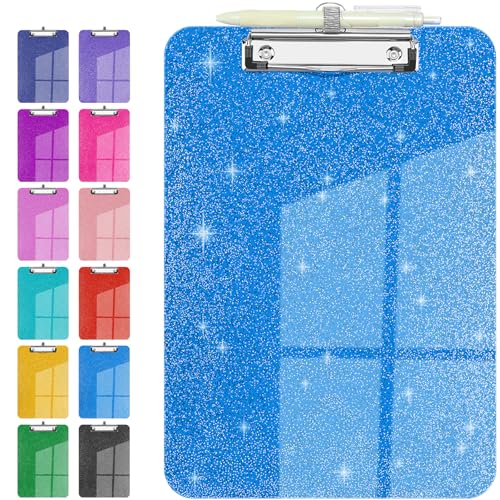 Wachenze Sparkly Clipboard with Pen Holder Clear Plastic Glitter Clip Board Hanging Shiny Clipboards with Low Profile Metal Clip Letter A4 Size for Women Office (Crystal Blue)