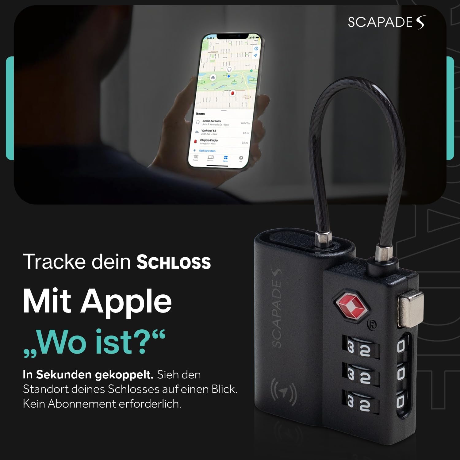 Scapade AirLock – TSA-zugelassenes Smart-Kofferschloss mit Apple „Wo ist?“ Tracking und USB-C-Akku, extrem robustes Reiseschloss für Hand- und Aufgabegepäck