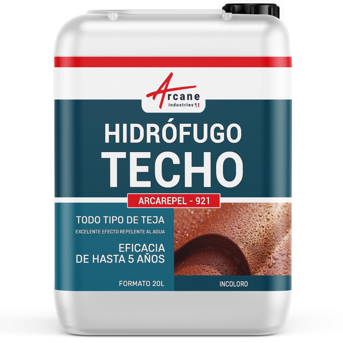 Hidrófugo Tejado Incoloro, Tejas, Hormigón, Piedra 20 L (hasta 100 m²) | Impermeabiliza Tejados, Hormigón, Piedra y Soportes Porosos, Tratamiento Hidrófugo Antimanchas Incoloro - Arcane Industries